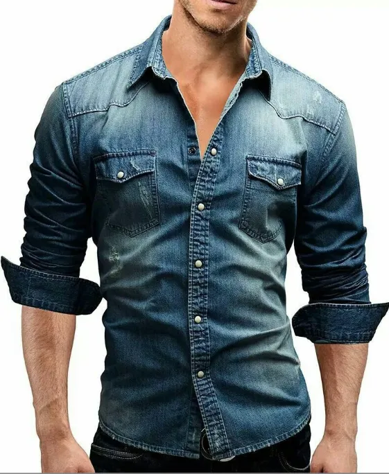 Long Sleeve Pure Cotton Designer Shirt for Men Denim Blue Slim Fit Chest Pocket