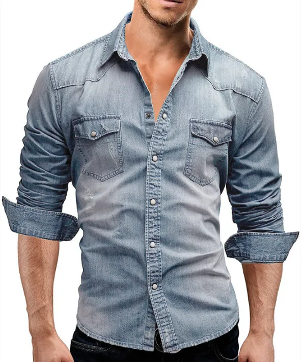 Long Sleeve Pure Cotton Designer Shirt for Men Denim Blue Slim Fit Chest Pocket