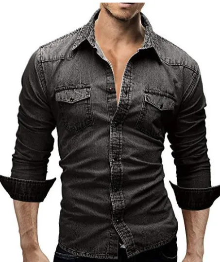 Long Sleeve Pure Cotton Designer Shirt for Men Denim Blue Slim Fit Chest Pocket