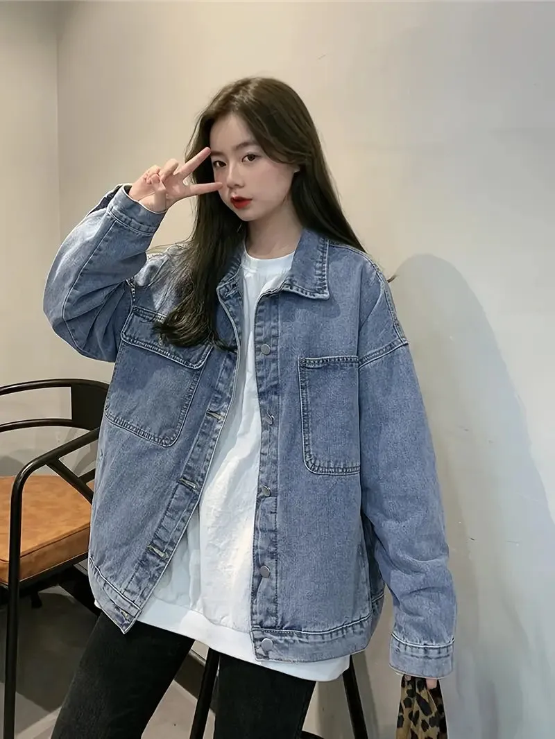 Long Sleeves Versatile Plain Loose Fit Denim Jackets