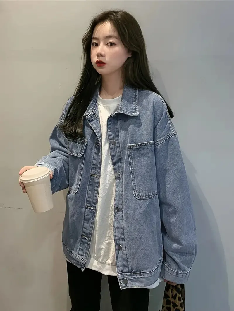 Long Sleeves Versatile Plain Loose Fit Denim Jackets