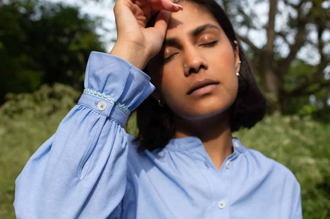 Marie Gather Neck A-Line Blouse in Blue Recycled Cotton by Saywood