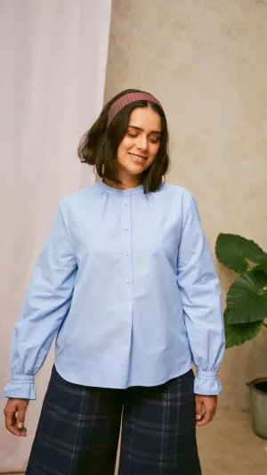 Marie Gather Neck A-Line Blouse in Blue Recycled Cotton by Saywood