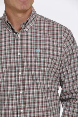 MEN'S PLAID BUTTON-DOWN WESTERN SHIRT - BURGUNDY / AQUA / BROWN