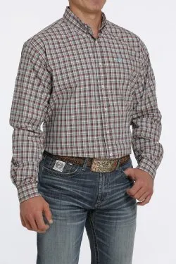 MEN'S PLAID BUTTON-DOWN WESTERN SHIRT - BURGUNDY / AQUA / BROWN