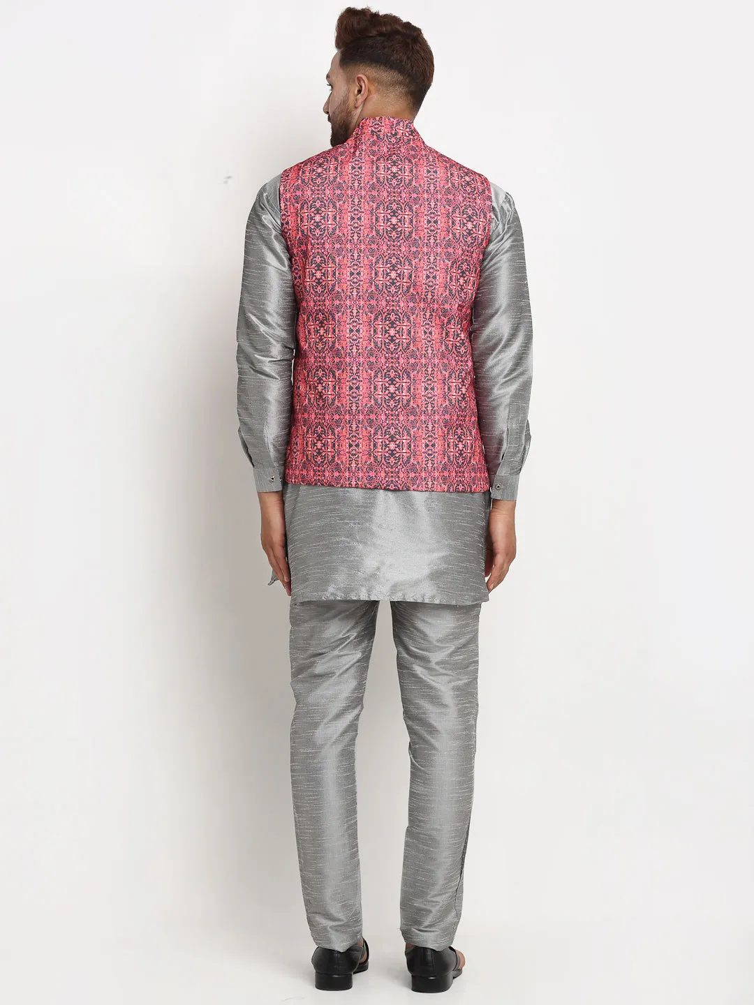 Men's Silk Blend Grey Kurta With Pyjama & Coral Red Printed Nehru Jacket - Benstoke