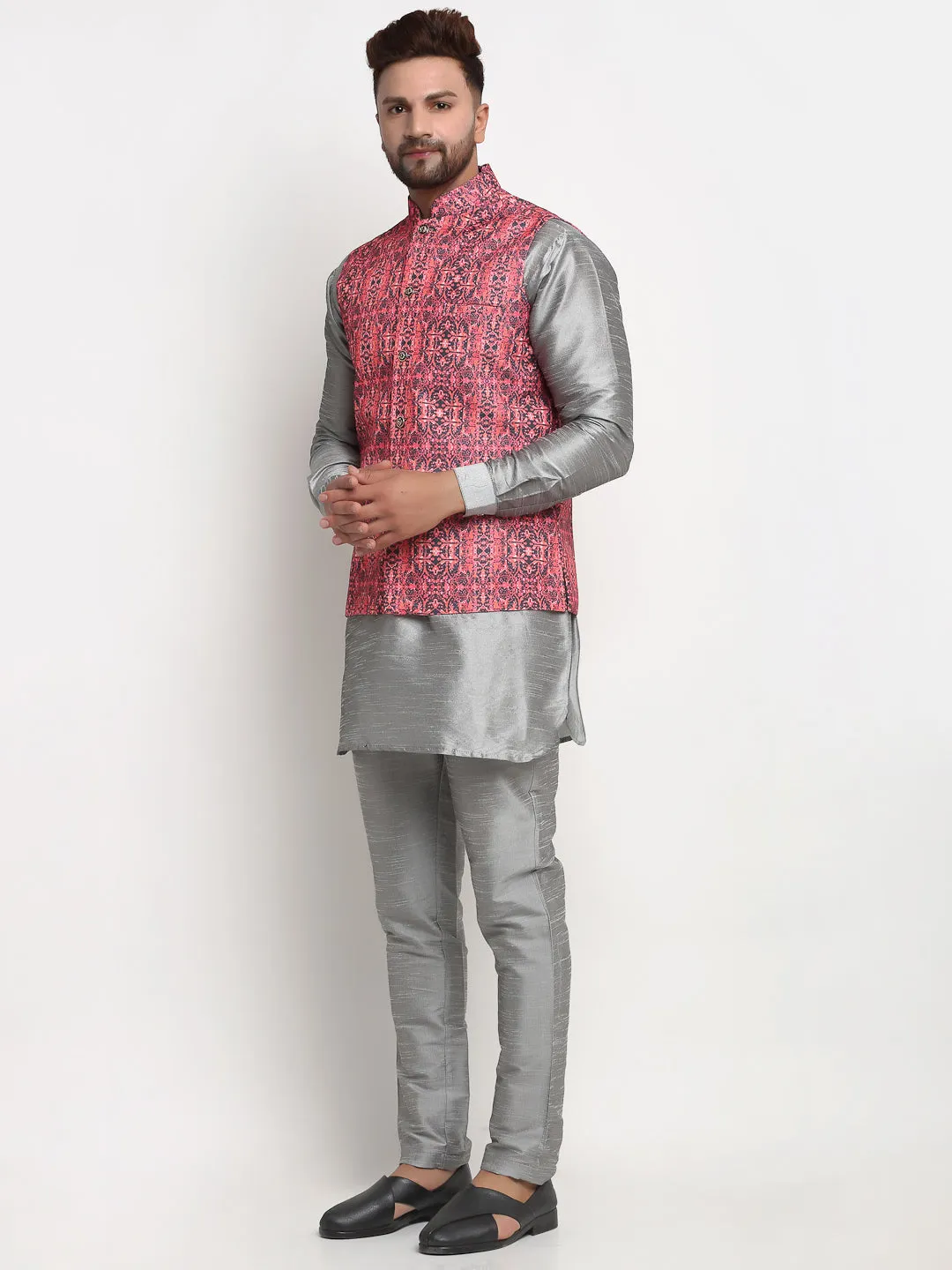 Men's Silk Blend Grey Kurta With Pyjama & Coral Red Printed Nehru Jacket - Benstoke