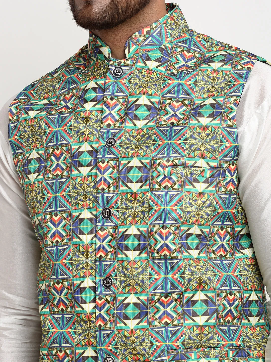 Men's Silk Blend White Kurta With Pyjama & Multi Printed Nehru Jacket - Benstoke