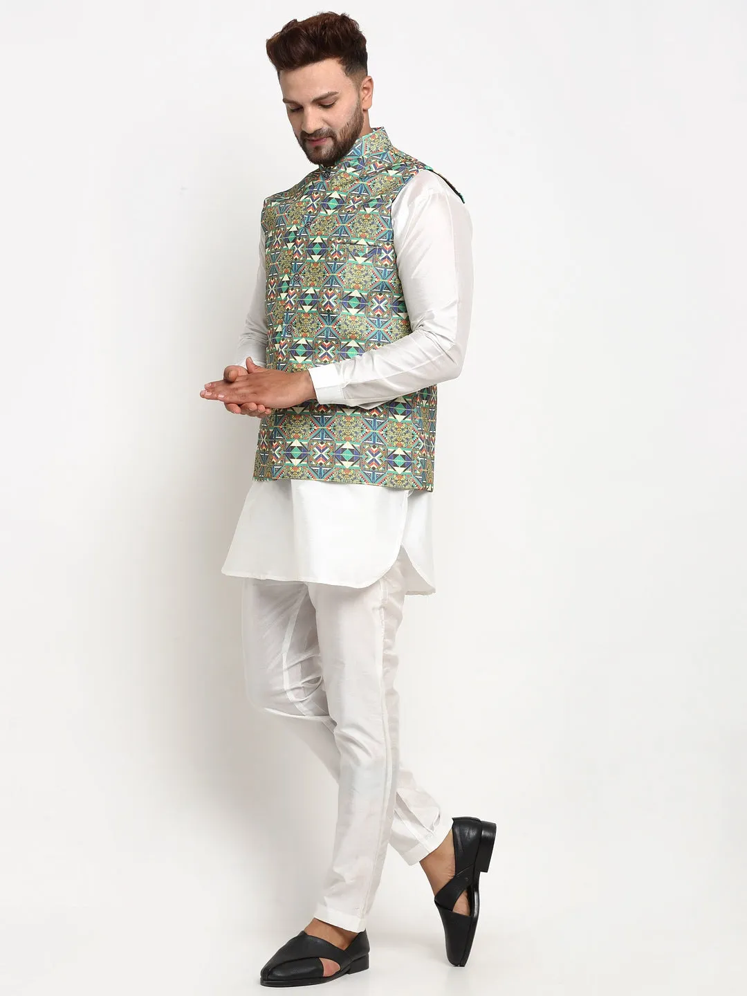 Men's Silk Blend White Kurta With Pyjama & Multi Printed Nehru Jacket - Benstoke