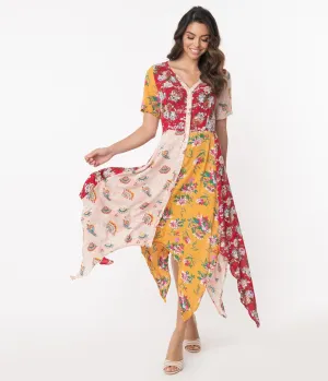 Multicolor Floral Colorblock Handkerchief Dress