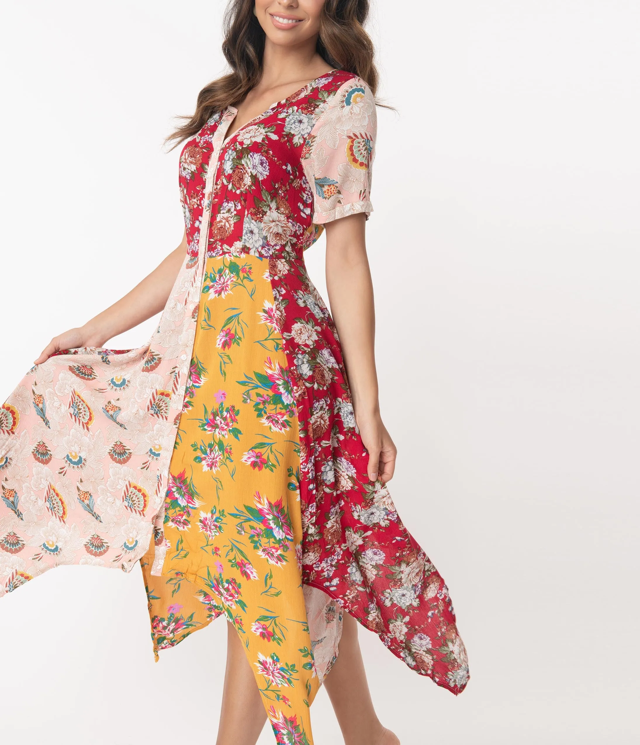 Multicolor Floral Colorblock Handkerchief Dress