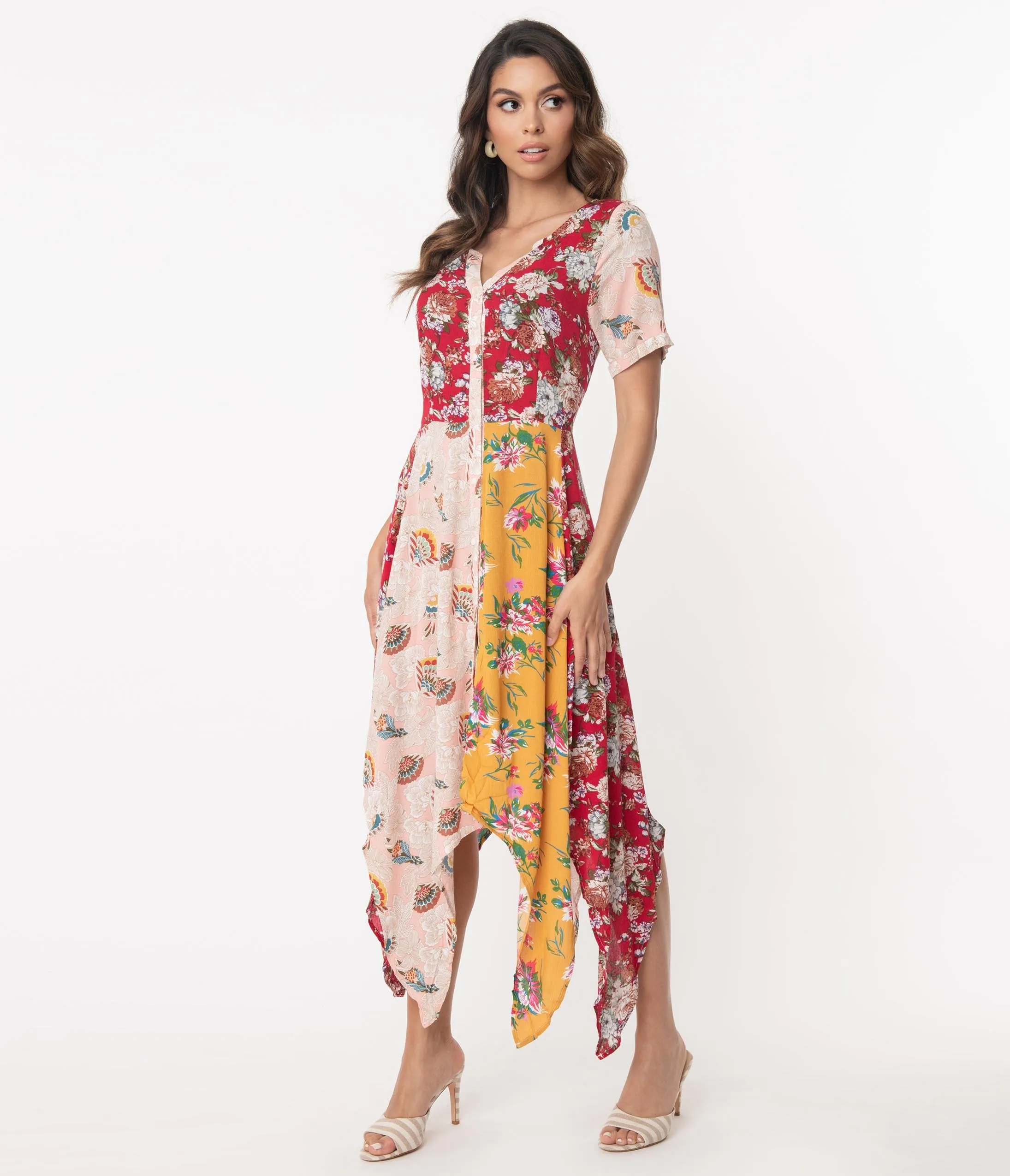 Multicolor Floral Colorblock Handkerchief Dress