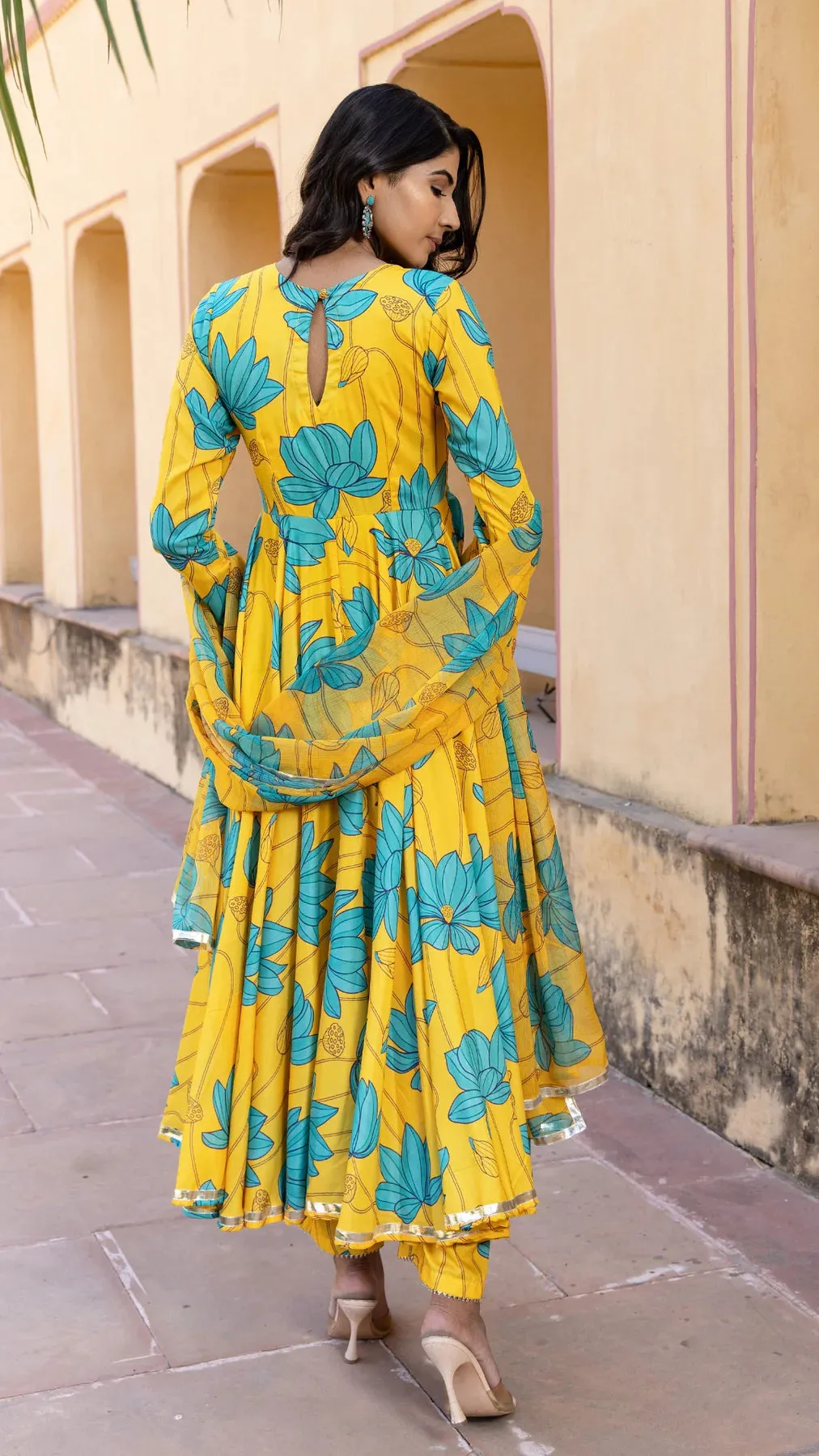 Muslin Yellow & Blue Printed Anarkali Set with Chiffon Dupatta