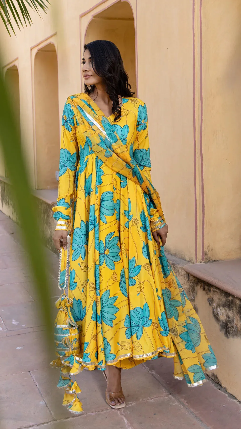 Muslin Yellow & Blue Printed Anarkali Set with Chiffon Dupatta