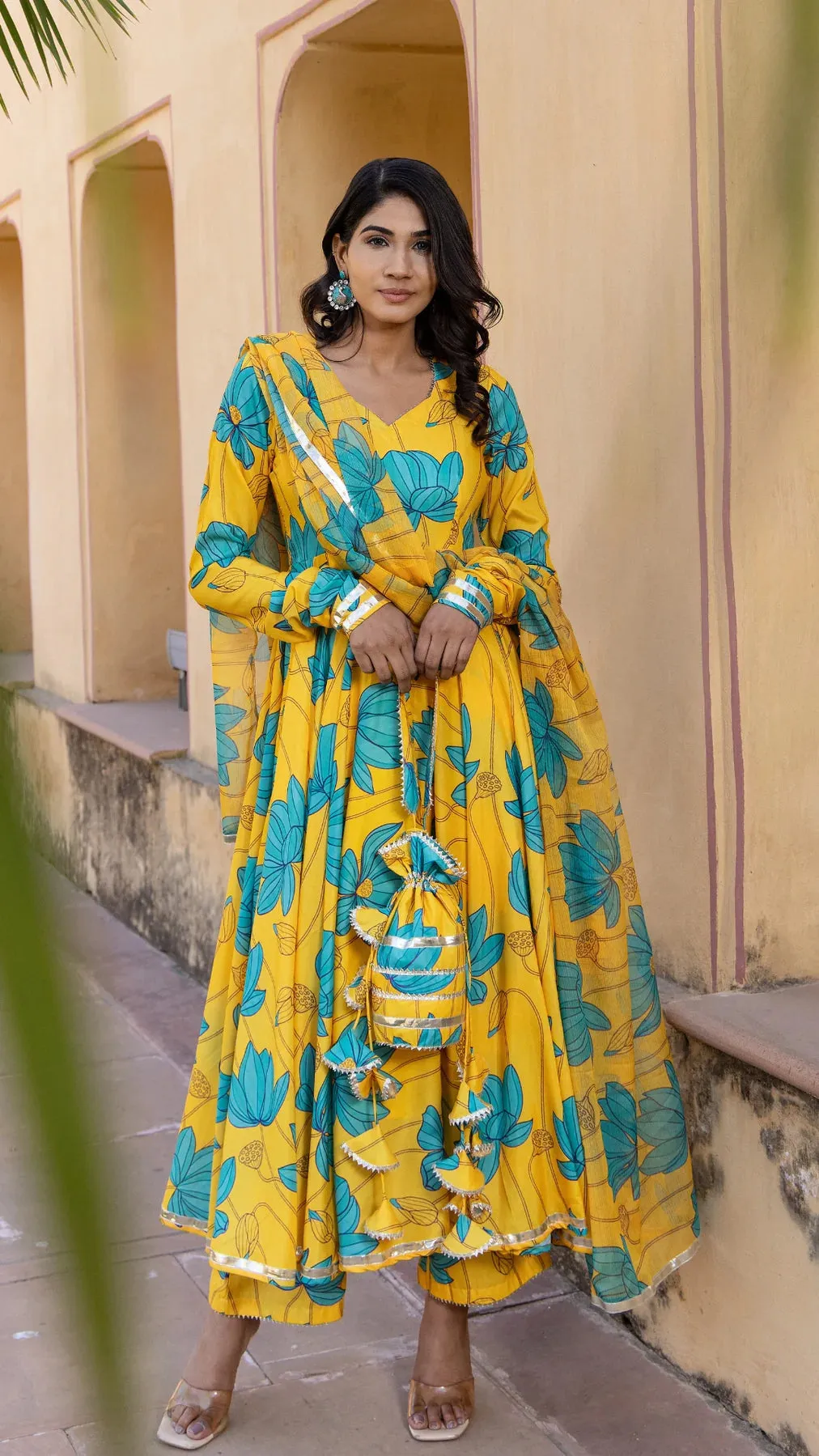 Muslin Yellow & Blue Printed Anarkali Set with Chiffon Dupatta