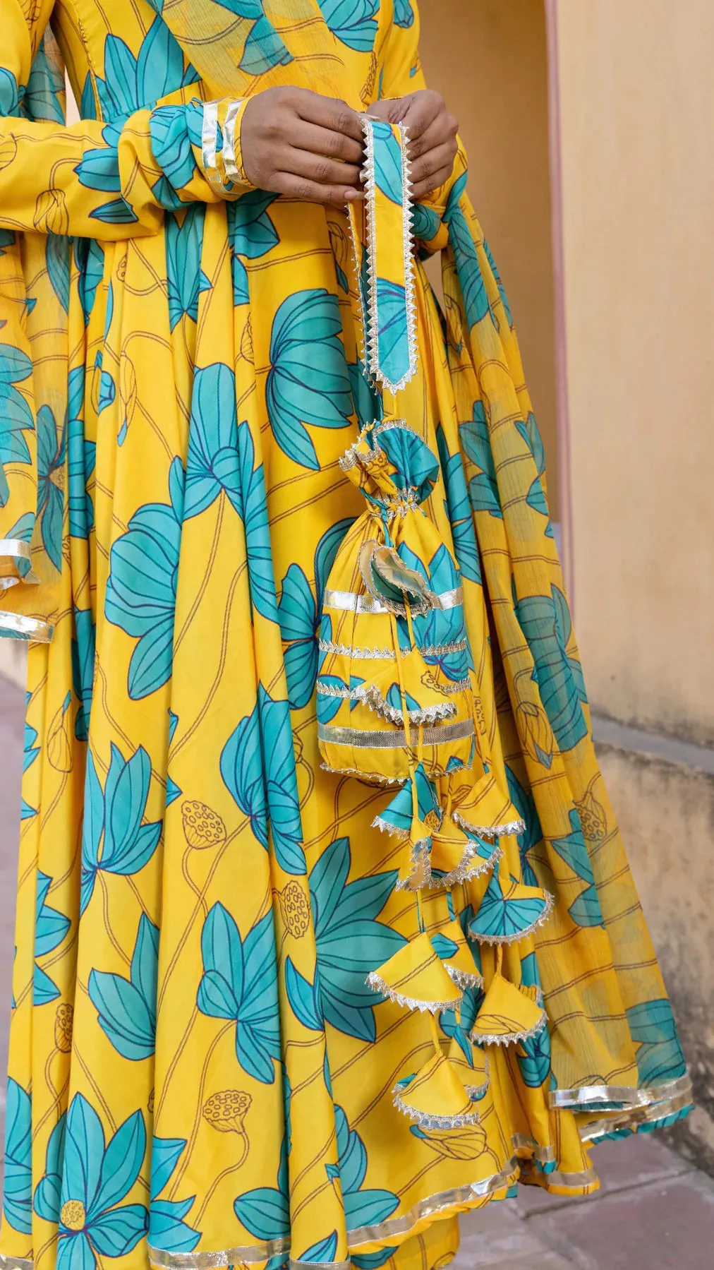 Muslin Yellow & Blue Printed Anarkali Set with Chiffon Dupatta