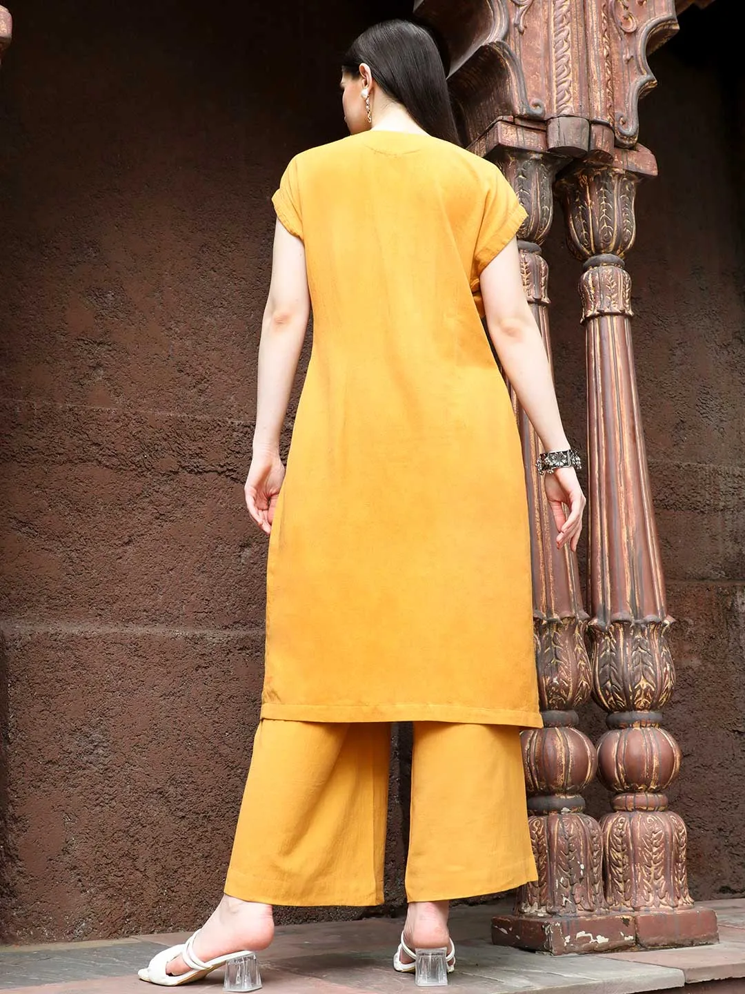 Mustard Pleated Kurta With Palazzo Co-ord Set