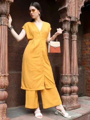 Mustard Pleated Kurta With Palazzo Co-ord Set