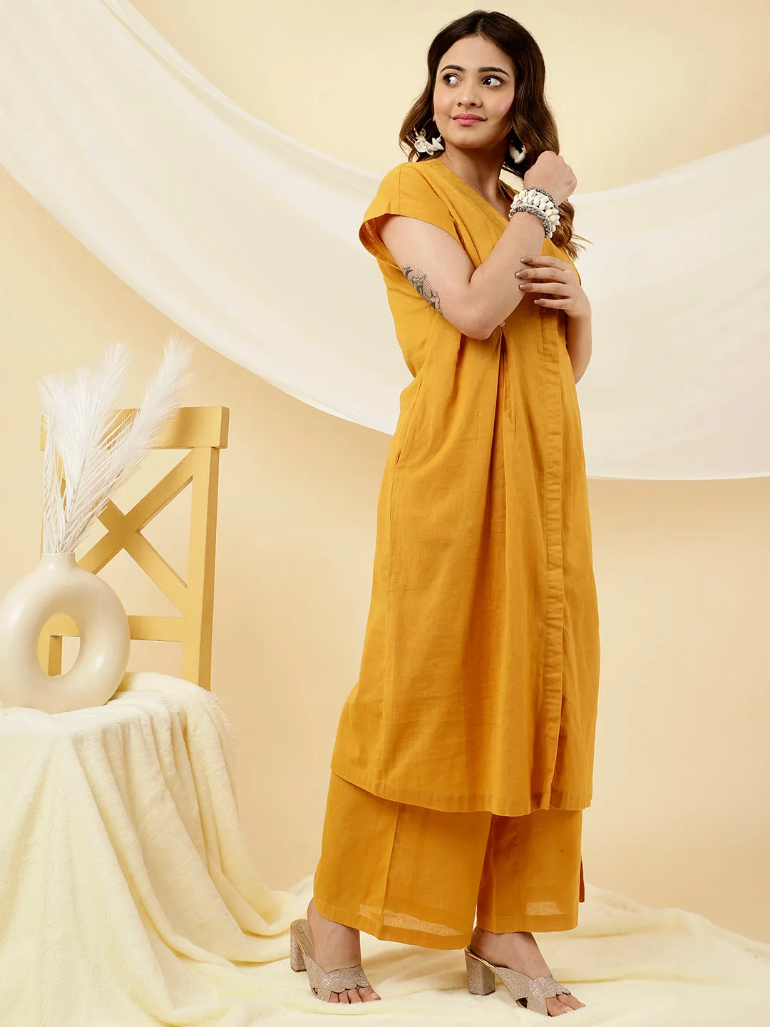 Mustard Pleated Kurta With Palazzo Co-ord Set