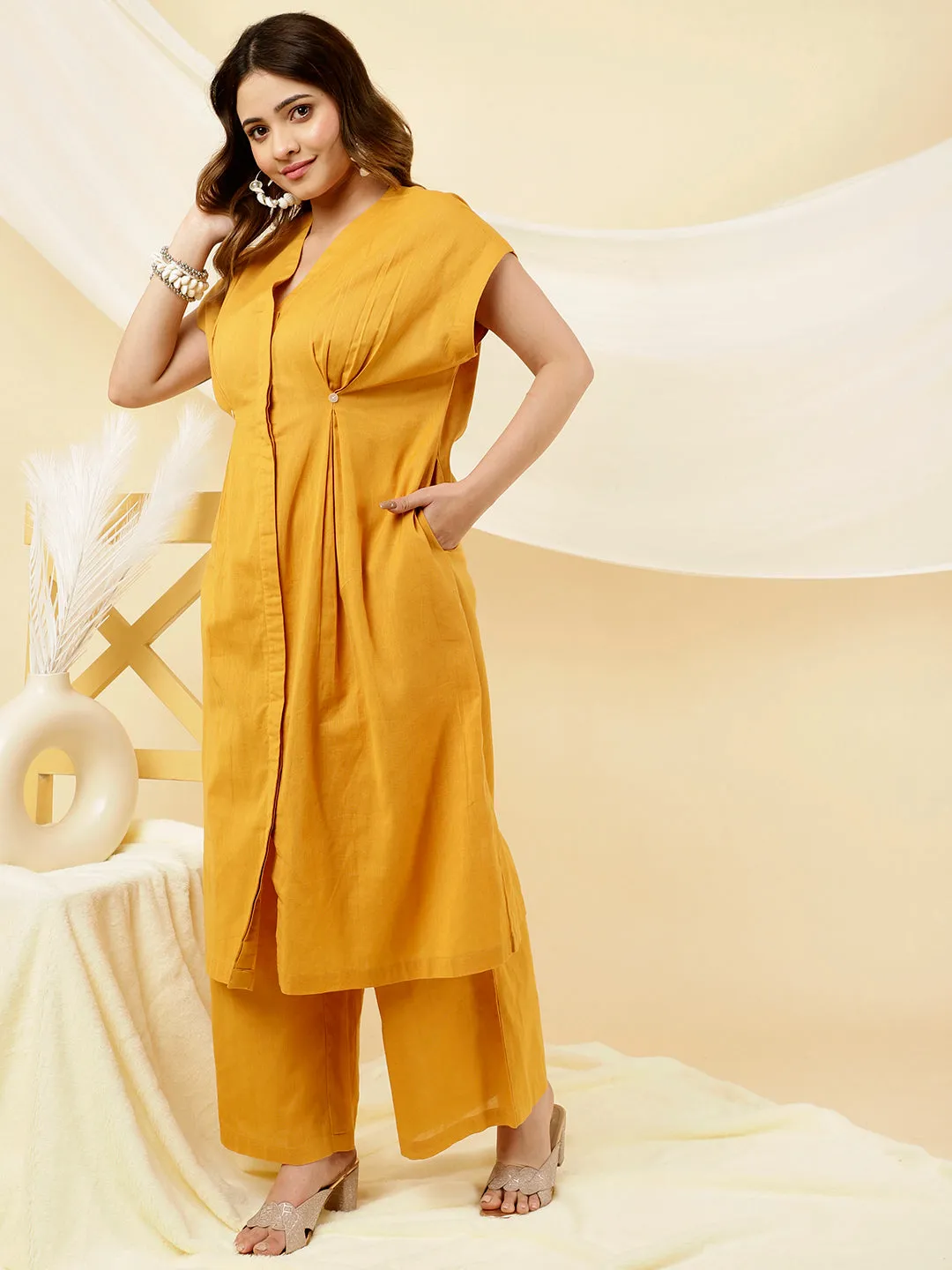 Mustard Pleated Kurta With Palazzo Co-ord Set