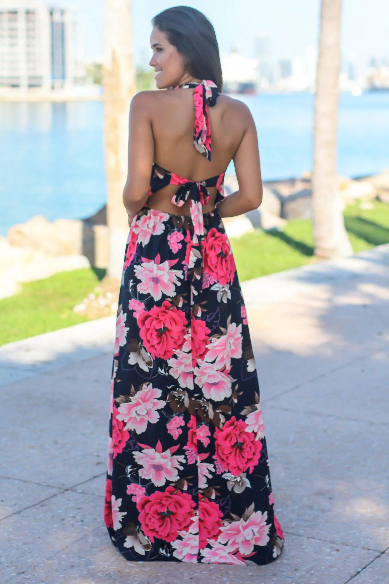 Navy Floral Maxi Dress with Side Slit