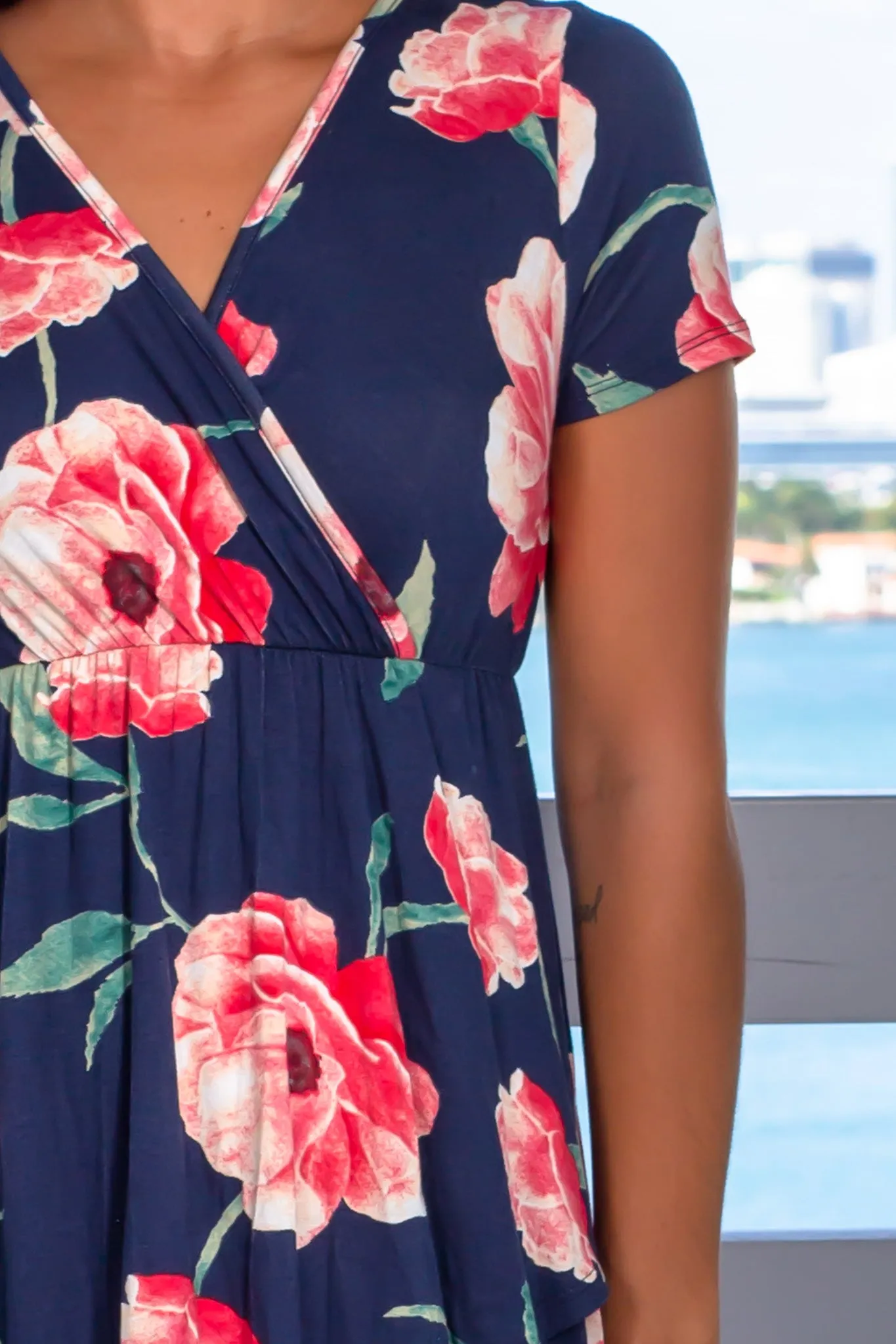 Navy Floral Printed High Low Dress