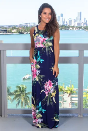 Navy Floral Racer Back Maxi Dress with Pockets