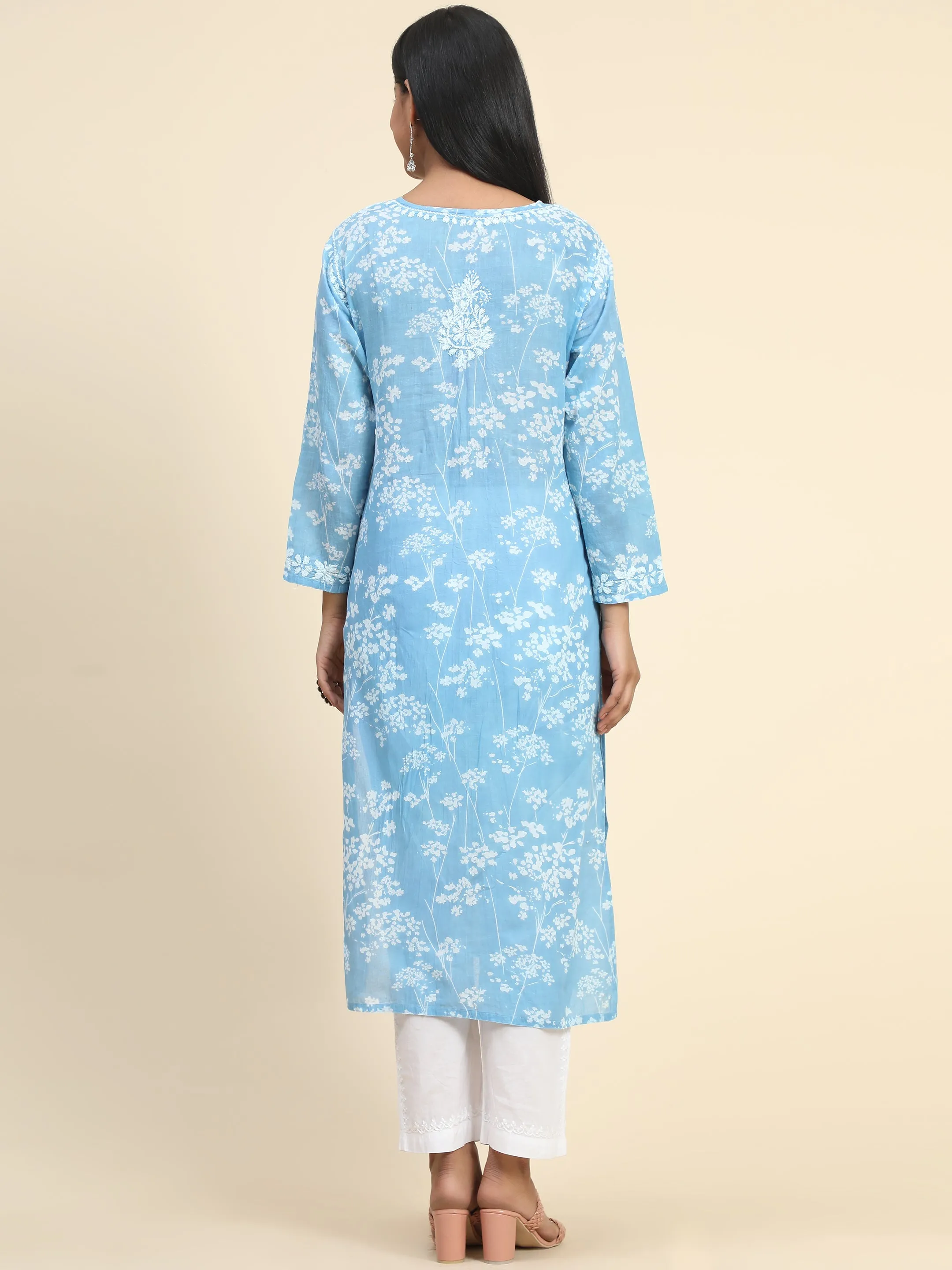 Noor Mul Printed  Hand Embroidery Chikankari Kurta- Sky Blue