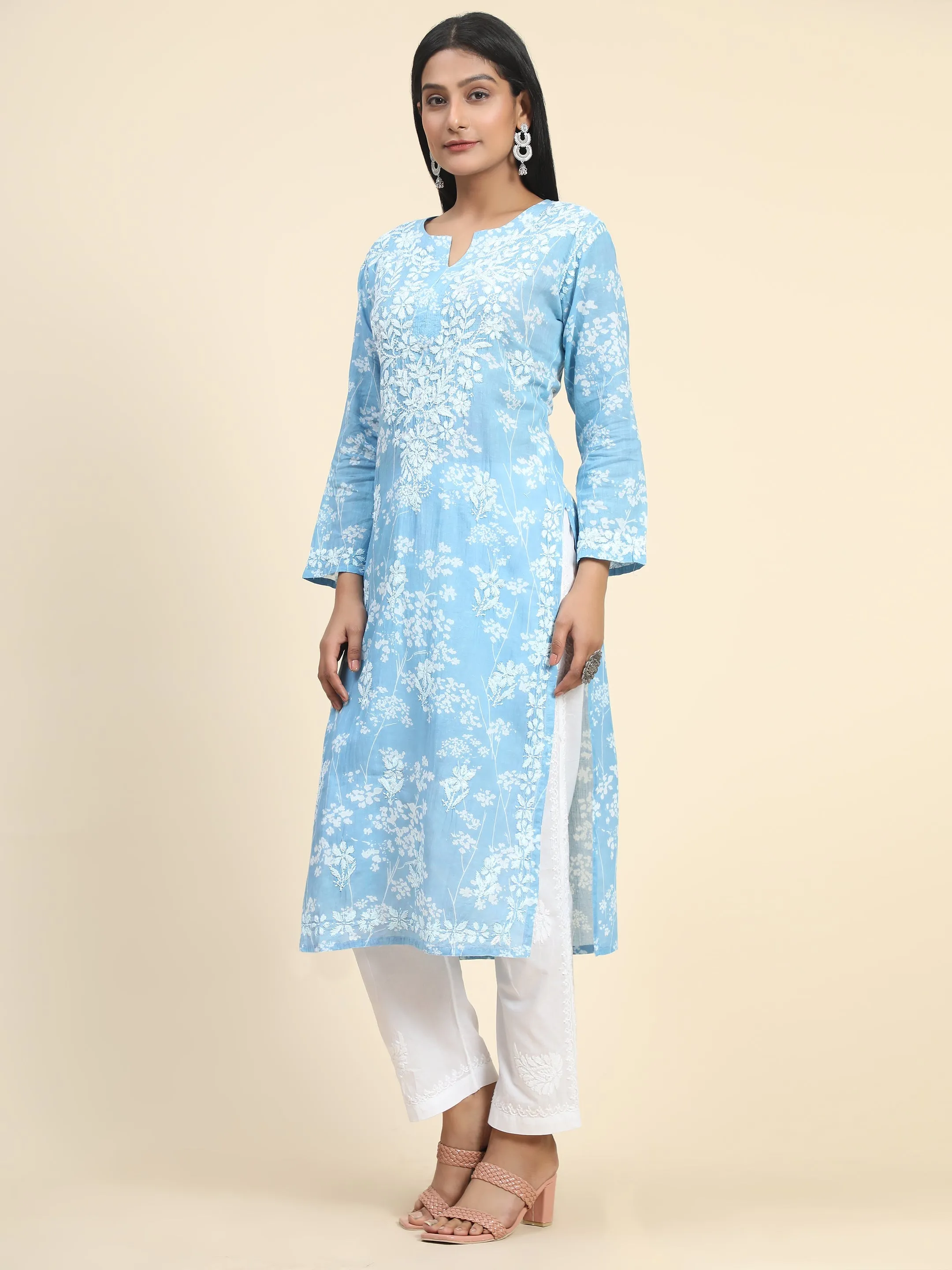 Noor Mul Printed  Hand Embroidery Chikankari Kurta- Sky Blue