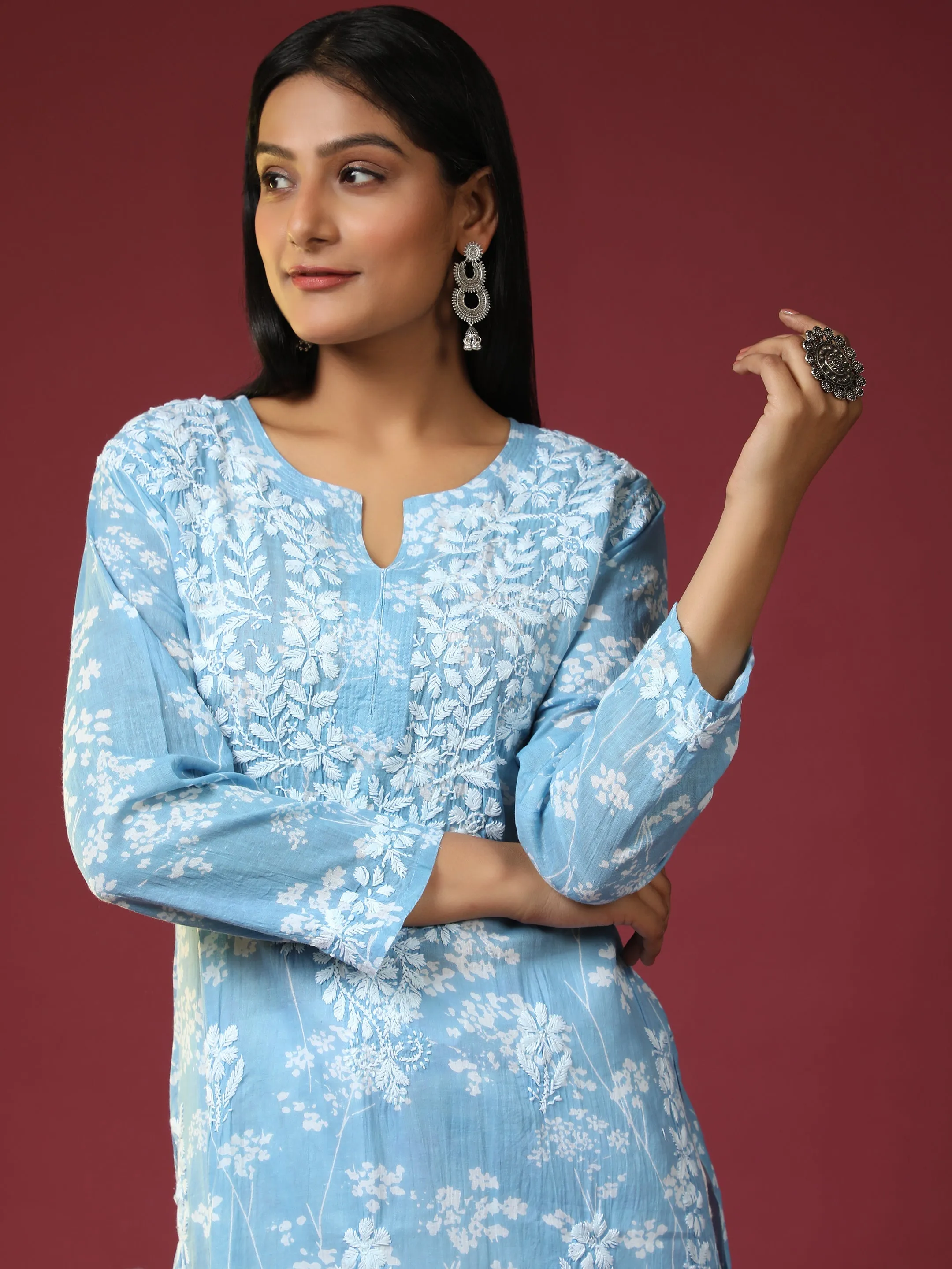 Noor Mul Printed  Hand Embroidery Chikankari Kurta- Sky Blue