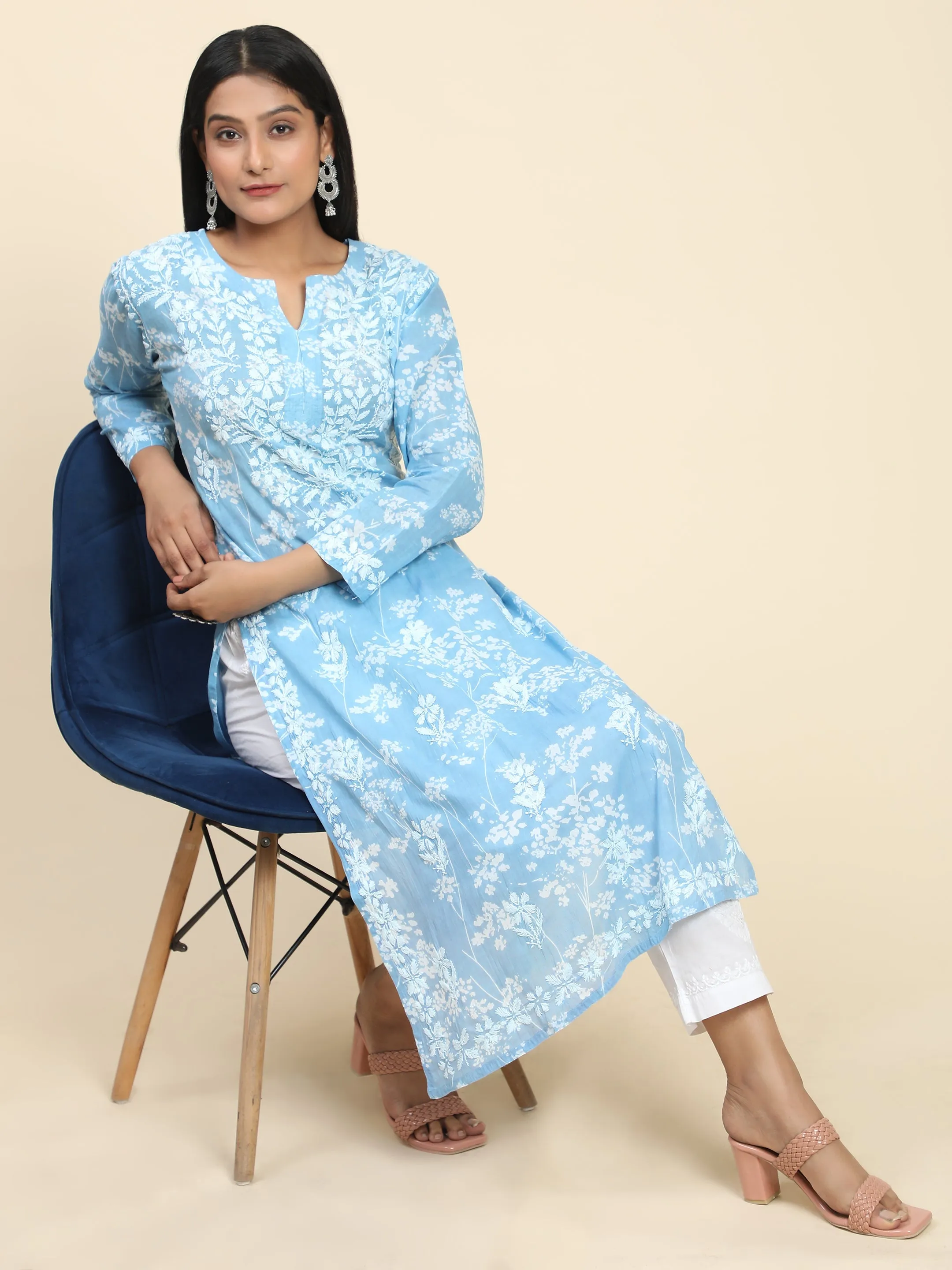 Noor Mul Printed  Hand Embroidery Chikankari Kurta- Sky Blue