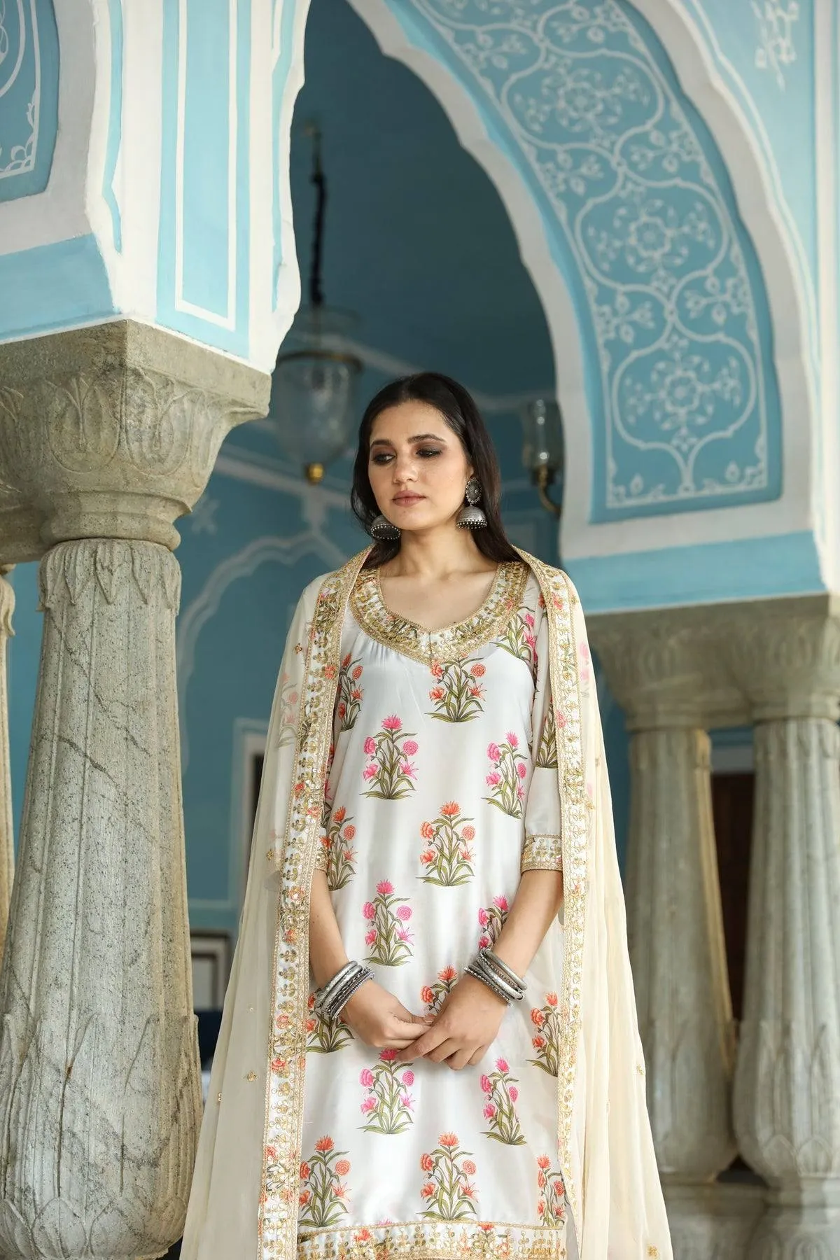 Off White Kurta Palazzo Set with Dupatta