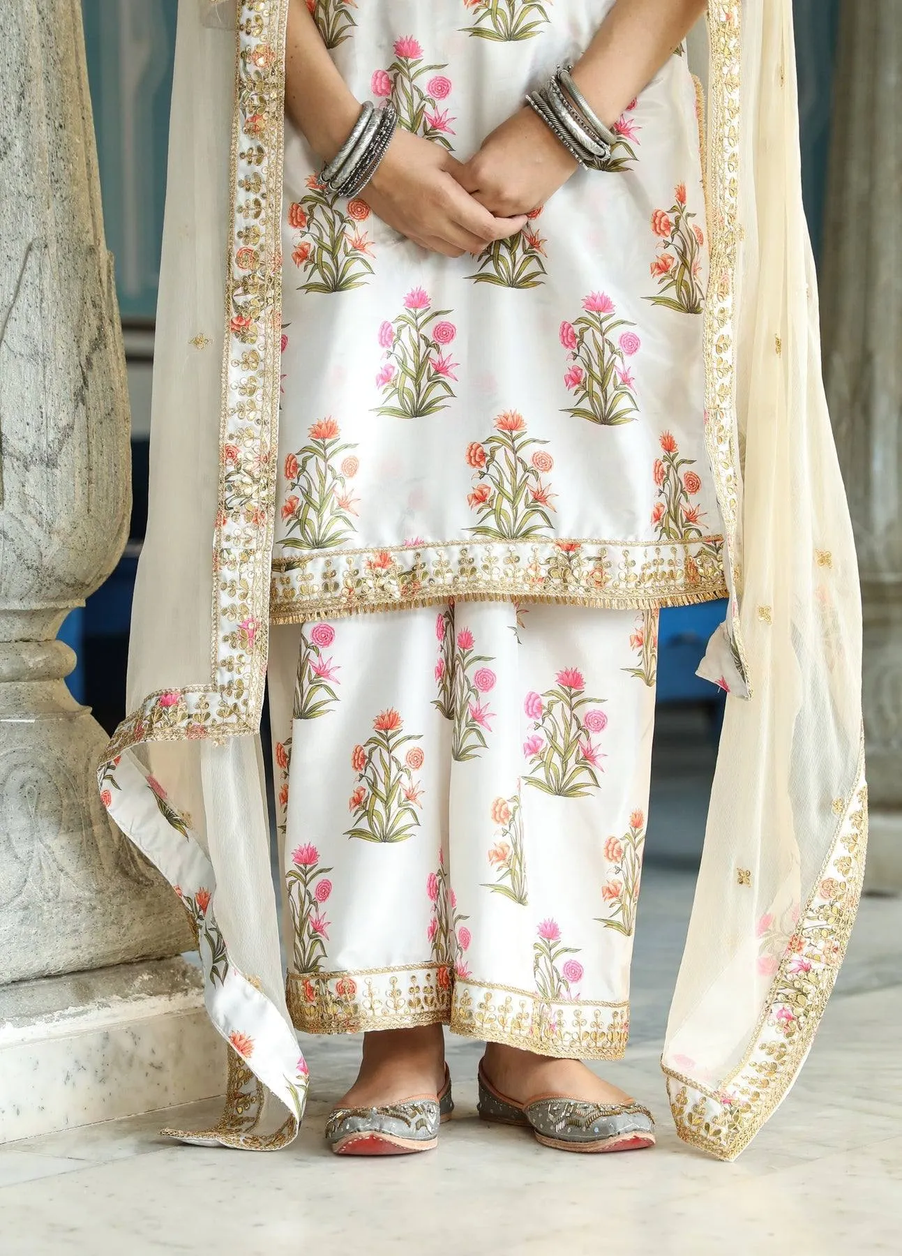 Off White Kurta Palazzo Set with Dupatta