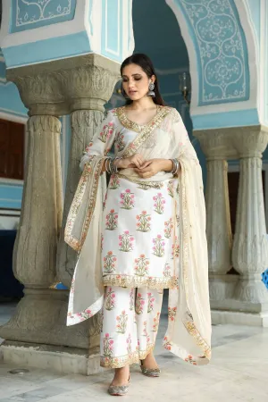 Off White Kurta Palazzo Set with Dupatta