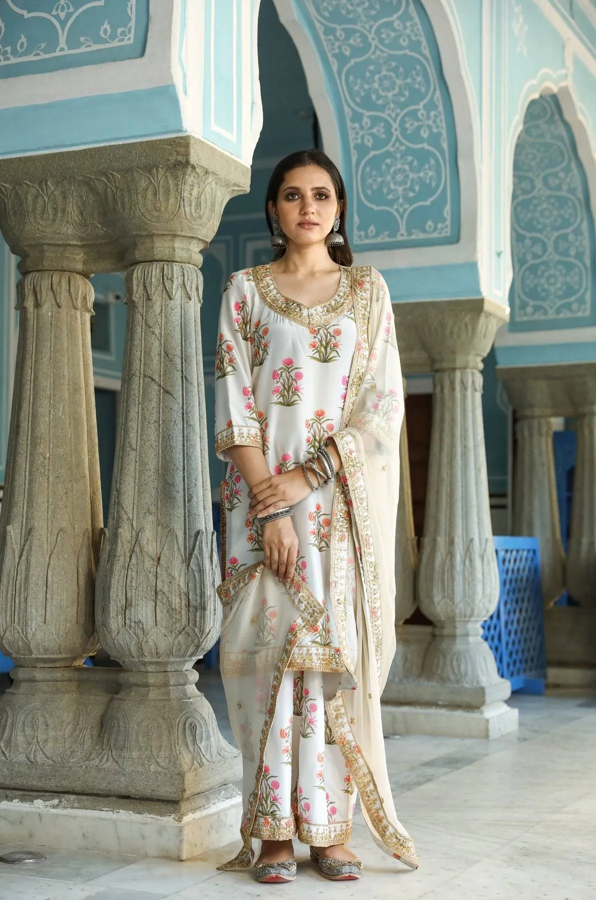 Off White Kurta Palazzo Set with Dupatta