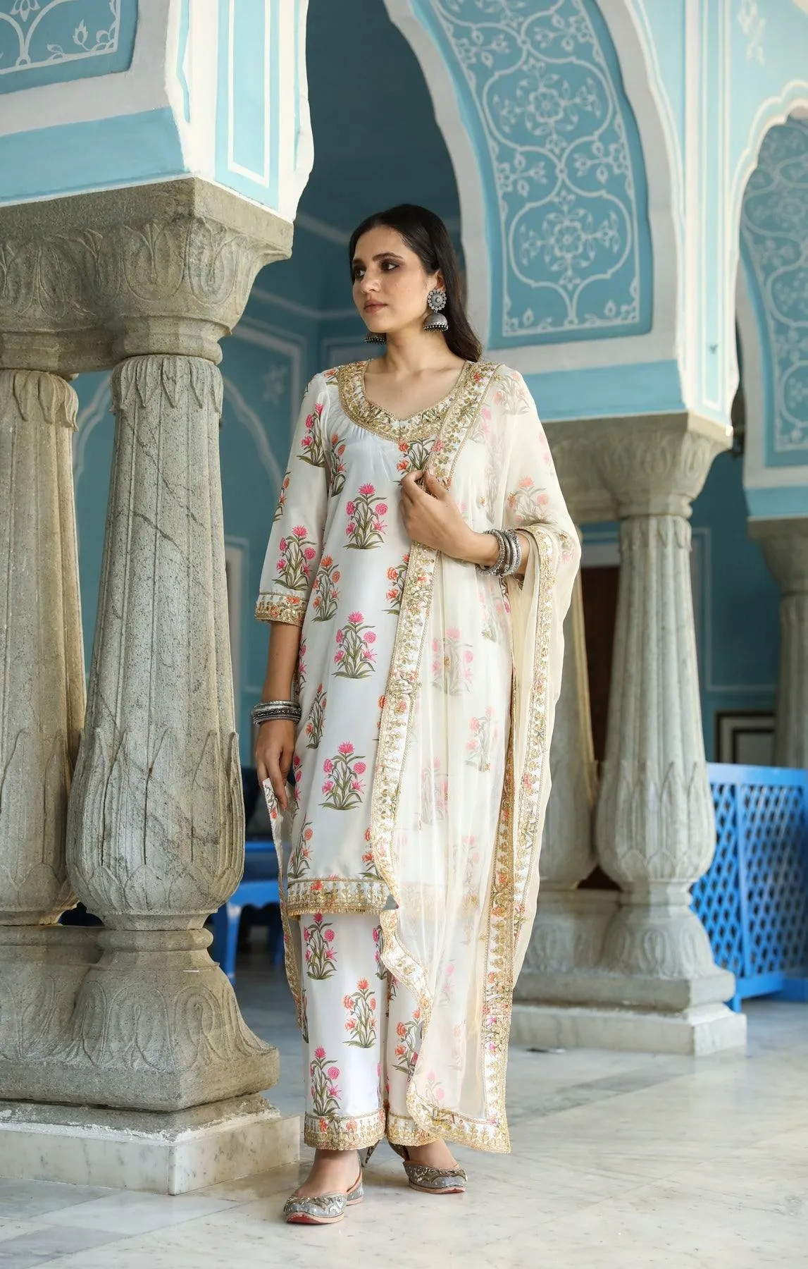 Off White Kurta Palazzo Set with Dupatta