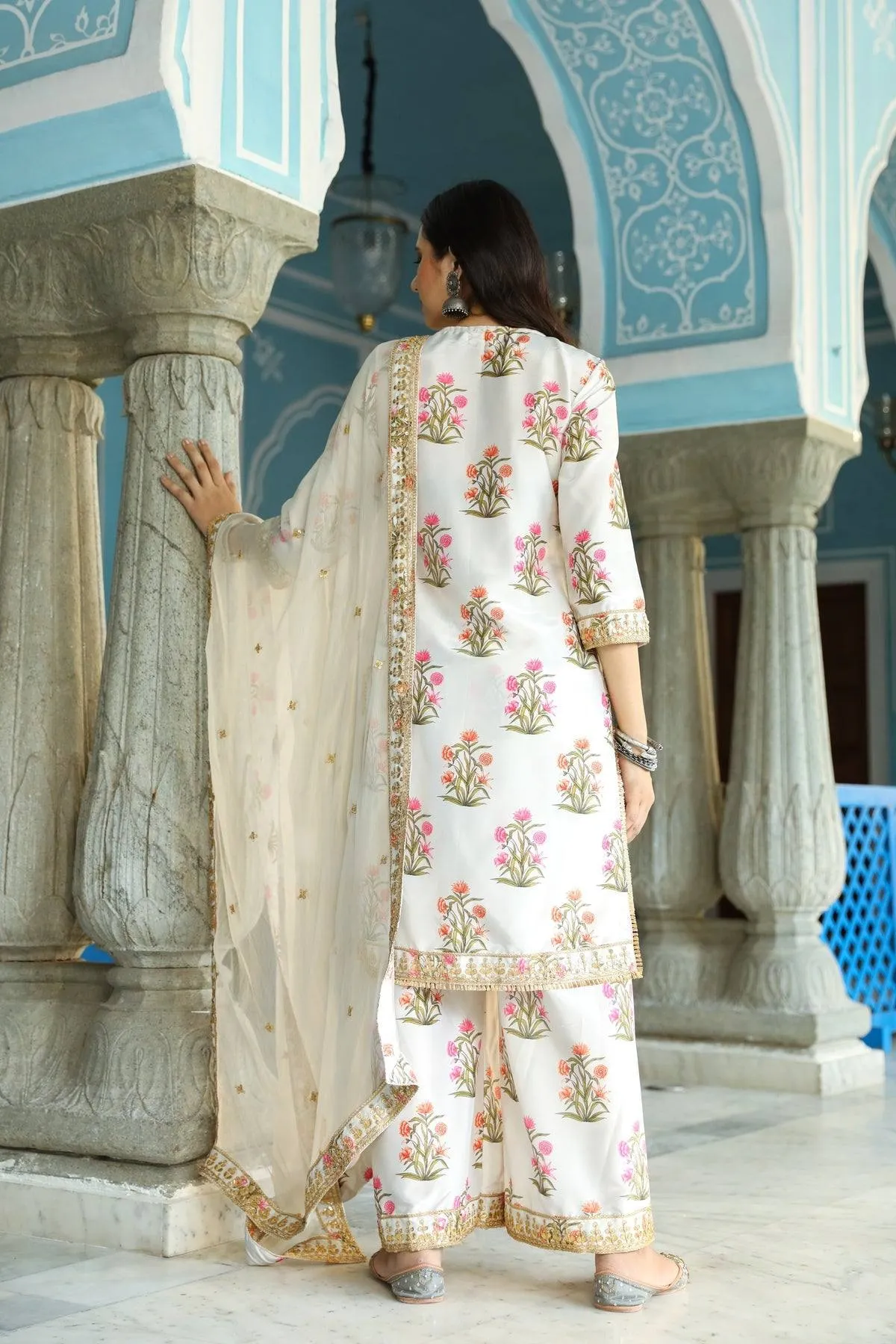 Off White Kurta Palazzo Set with Dupatta