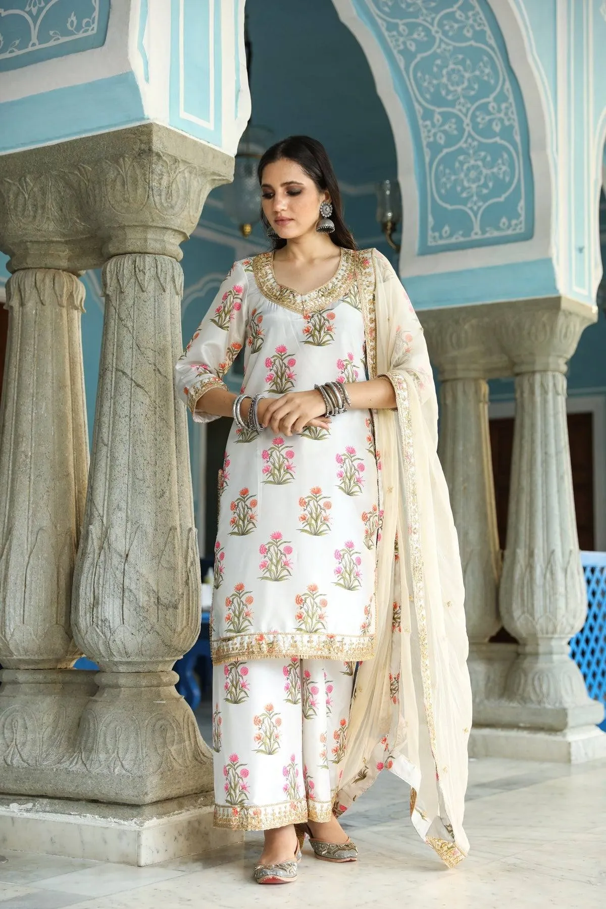 Off White Kurta Palazzo Set with Dupatta