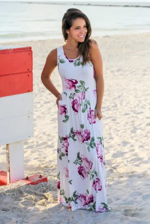 Off White Maxi Dress with Purple Floral Print