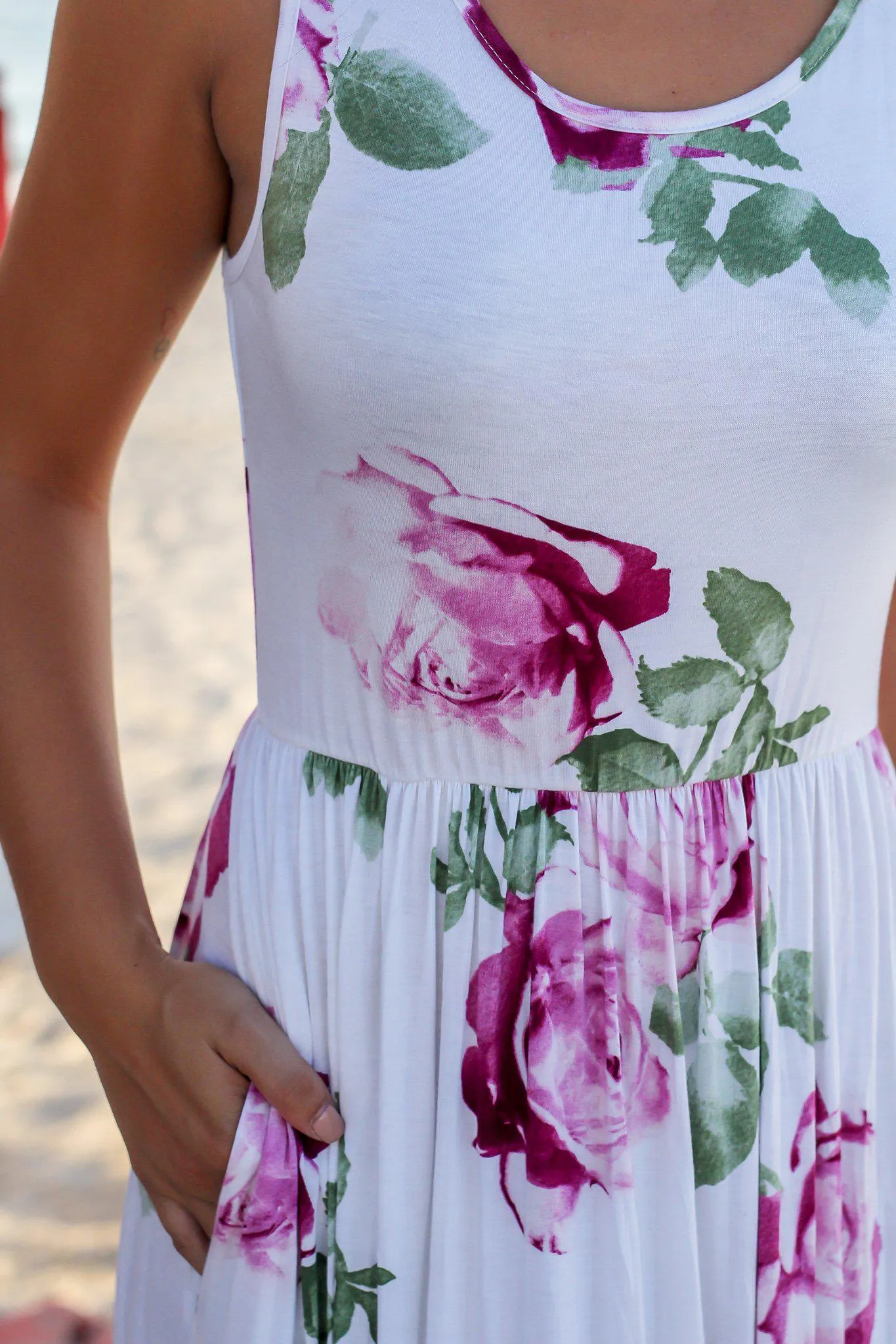 Off White Maxi Dress with Purple Floral Print