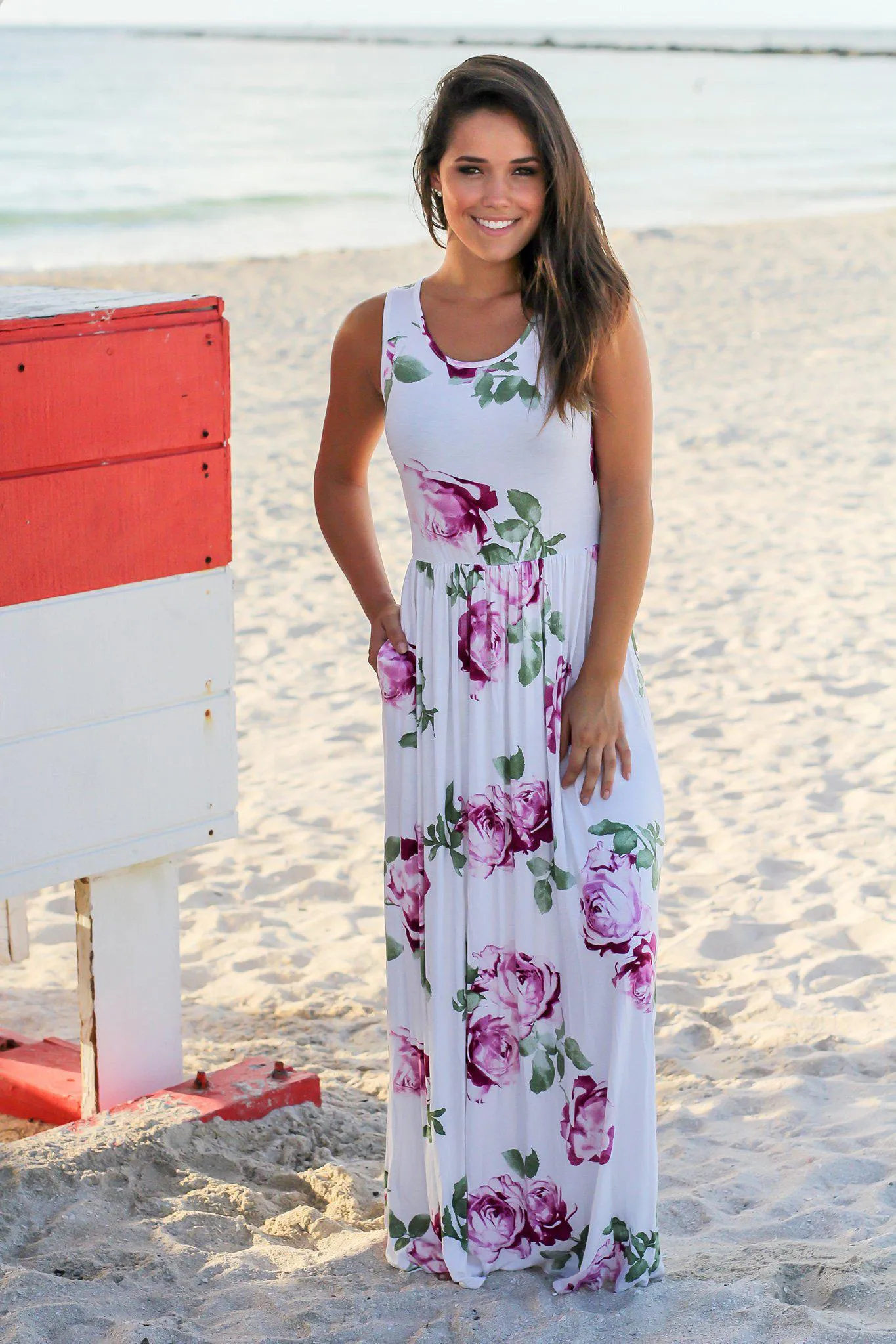 Off White Maxi Dress with Purple Floral Print