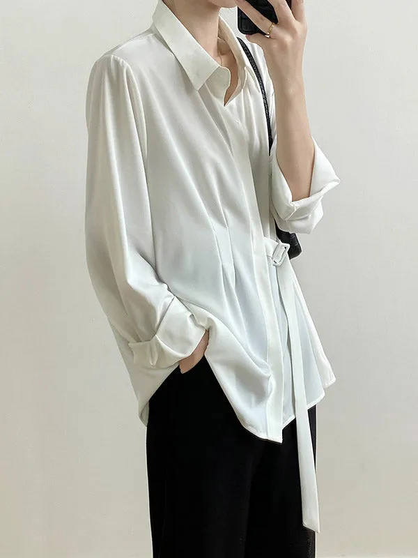 Office Loose Long Sleeves Lace-Up Solid Color Lapel Blouses