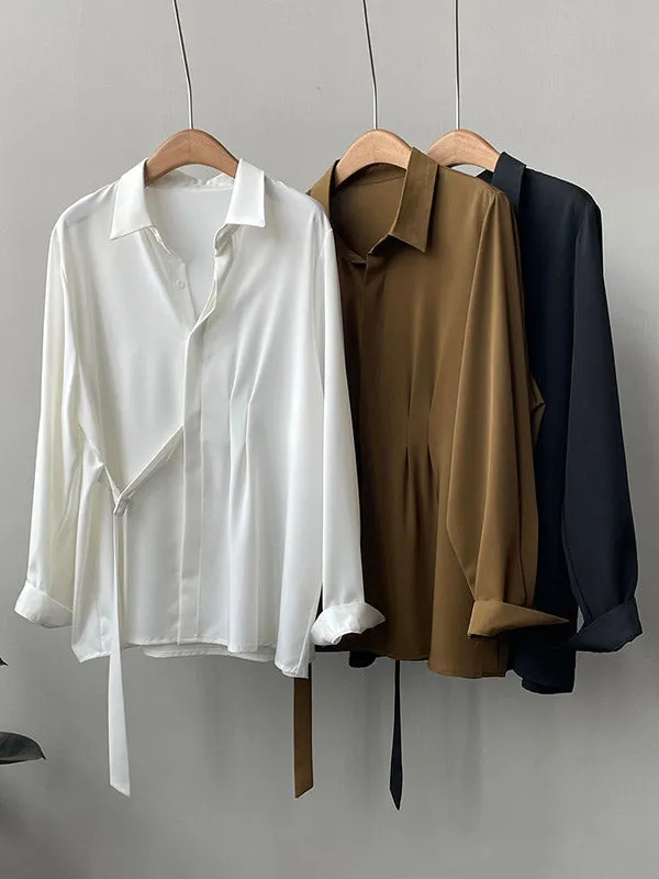 Office Loose Long Sleeves Lace-Up Solid Color Lapel Blouses