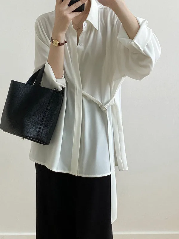 Office Loose Long Sleeves Lace-Up Solid Color Lapel Blouses