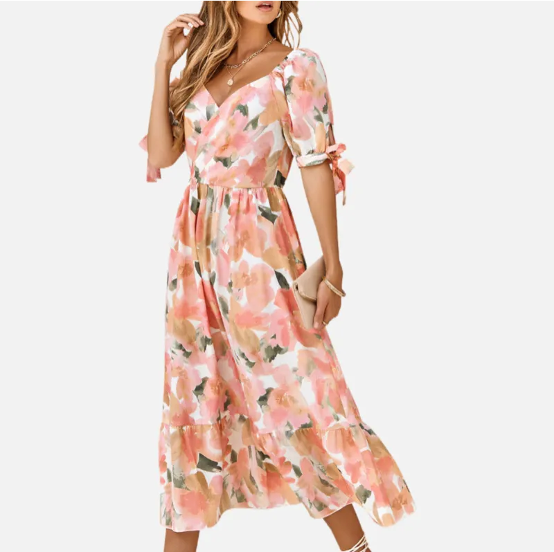 Orange Floral Dress | Wrap V Neck | Maxi Dresses