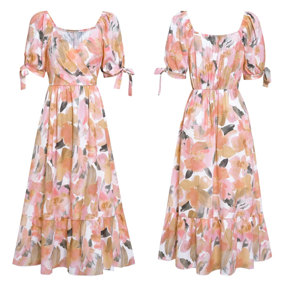 Orange Floral Dress | Wrap V Neck | Maxi Dresses