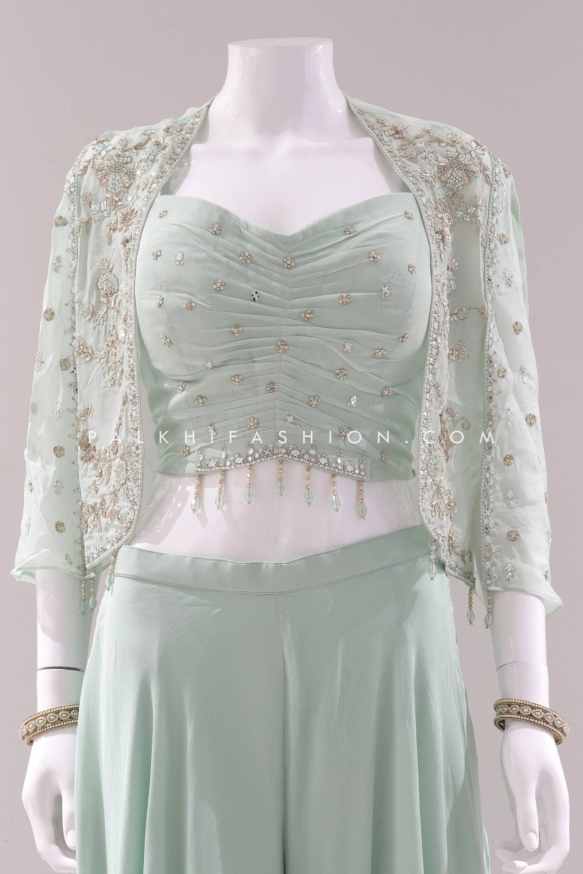 Pastel Green Handcrafted Jacket and Palazzo Ensemble