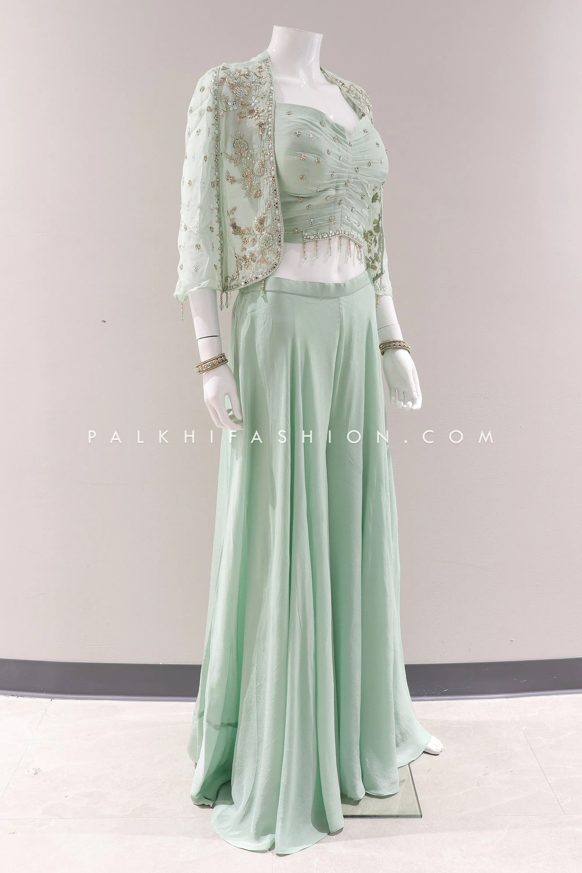 Pastel Green Handcrafted Jacket and Palazzo Ensemble