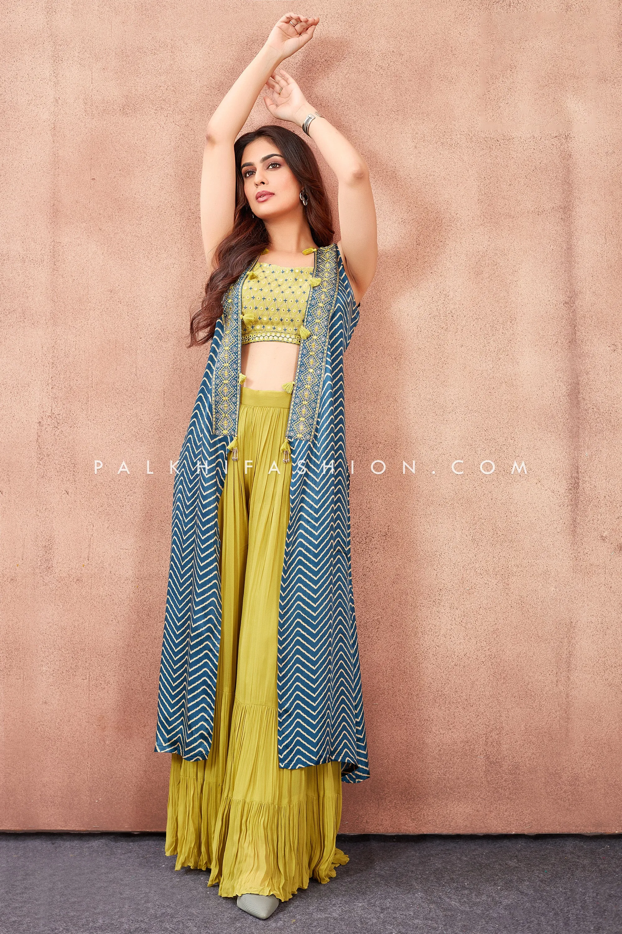 Petrol blue/Yellow Palazzo Outfit With Appealing Shrug