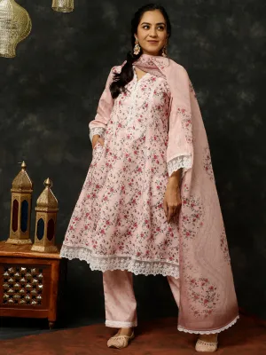 Pink Rose Printed A-line Kurta With Palazzo And Dupatta